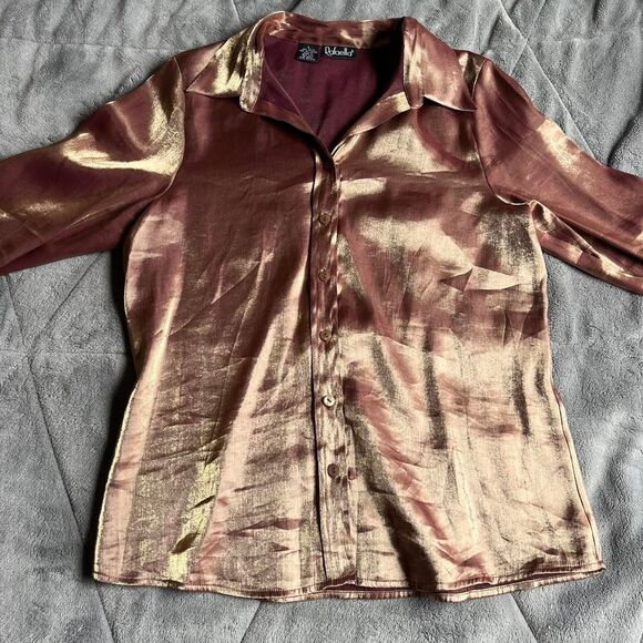 Vintage 90s - Y2K Rafaella gold/burgundy/bronze metallic satin button up large - Picture 2 of 8